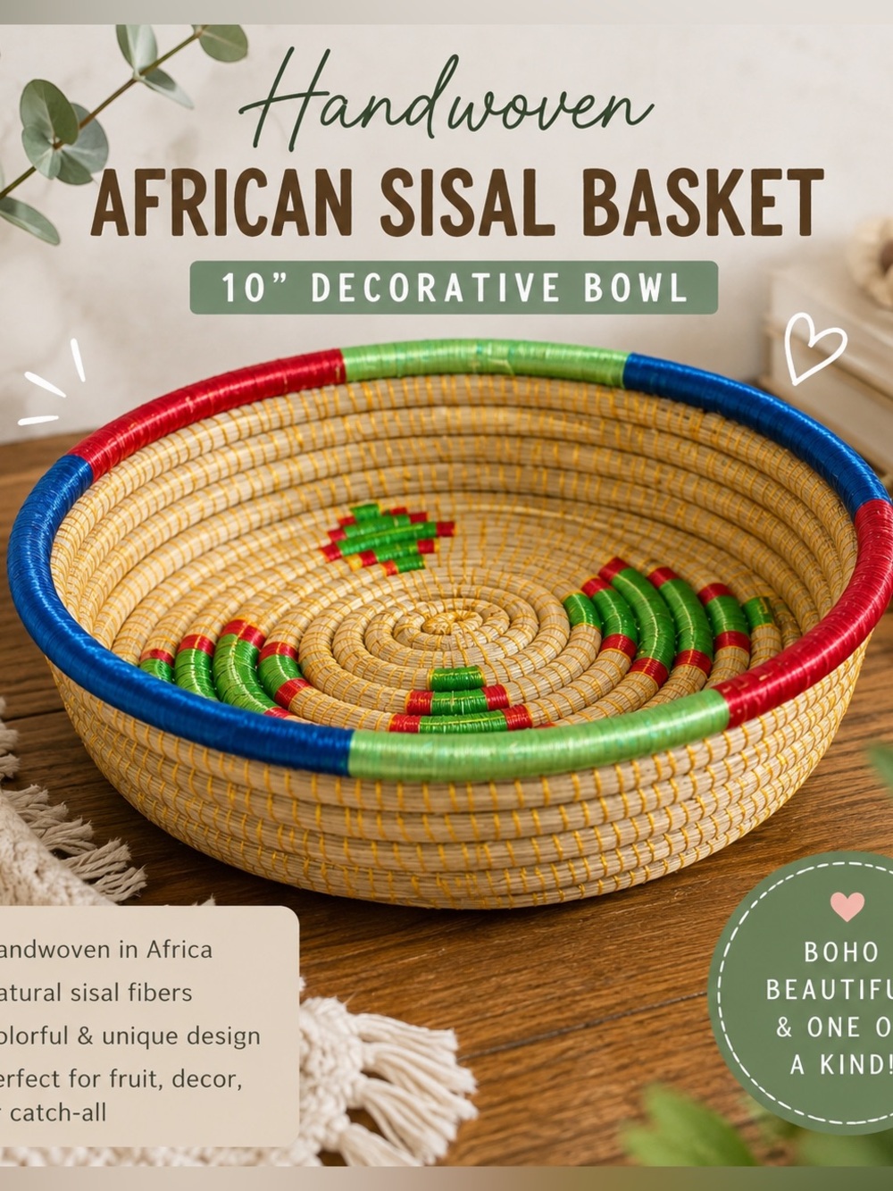 Handwoven African Sisal Basket – 10” Decorative Bowl